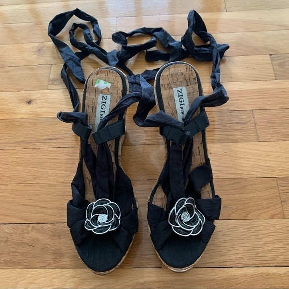 Zigi New York Black Satan Ankle Wrap Wedge Sandals with Silver Rosettes - Picture 1 of 10